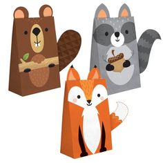 three paper bags with animals on them and one has an acorn in the middle