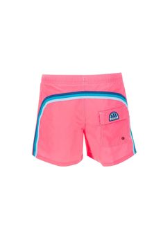 Sundek 'Boardshort' men's swimsuit, fluo pink, contrasting color profiles, low elastic waist with white drawstring and logoed ends, two side welt pockets, one back pocket with velcro and applied logo patch, regular fit. Composition: 100% Poliammide | Sundek Men's boardshort Swimsuit in Pink | SS23 Pink Beachwear Bottoms For Surfing, Sporty Multicolor Swim Trunks For Surfing, Sporty Go-dry Swim Trunks For Water Sports, Outdoor Go-dry Solid Color Swim Trunks, Nylon Go-dry Swim Trunks For The Beach, Color Profile, Welt Pocket, Patch Logo, Elastic Waist