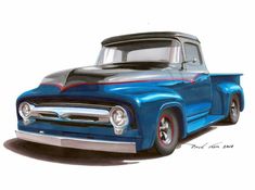 a drawing of an old blue pickup truck