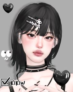 an animated image of a woman with black hair and piercings on her head, holding a heart