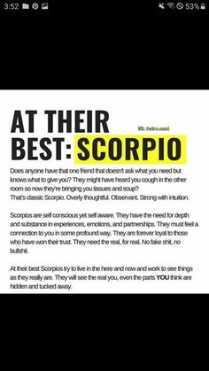 an ad for the scorpio brand is shown in black and yellow text