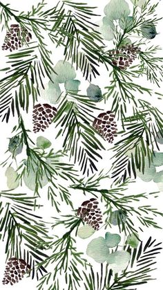 watercolor christmas tree branches with pine cones and leaves on white background, seamless pattern