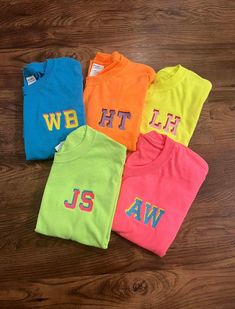 Neon shirts ready for summer and tan lines  Neon pink Neon green  Neon yellow  Neon blue  Neon orange Neon Shirt Ideas, Neon Clothes Party, Neon Tshirt, Monogram Tshirt, Neon T Shirt, Story Pics, Neon Summer, Shirt Painting, Cheer Camp