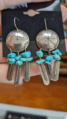 Sterling Silver Turquoise earrings. Really cool western style Western Style Dangle Earrings For Pierced Ears, Turquoise Concho Dangle Jewelry, Bohemian Turquoise Concho Earrings, Handmade Western Turquoise Earrings, Handmade Western Dangle Earrings, Western Turquoise Dangle Earrings, Turquoise Nickel-free Western Earrings, Western Style Nickel-free Turquoise Earrings, Western Turquoise Nickel-free Earrings