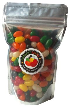 a bag filled with lots of jelly beans