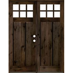 two wooden doors with windows on each side