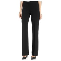 Nine West's Sleek Flare-Leg Pants Make The Perfect Building Piece For A Chic Professional Look! Hook-And-Bar Zipper Closure Imported Mid Rise: Waistband Sits Below Natural Waist No Pockets Or Belt Loops Trouser Leg Size & Fit Approximate Inseam: 31 Inches Note: This Item Tends To Run Large; We Suggest Ordering One Size Down For The Perfect Fit Straight Fit Through Hips And Thighs Materials & Care Dry Clean Polyester/Viscose/Elastane Color: Black Style: 10454729 Condition: Brand New With Tag Fitted Wide Leg Career Bottoms, Sleek Mid-rise Formal Pants, Black Career Bottoms, Black Fitted Pants For Career, Black Fitted Career Pants, Fitted Black Career Pants, Womens Business Pants, Womens Black Dress Pants, Flare Dress Pants