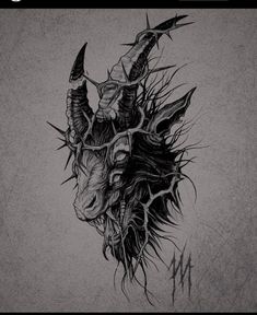 a goat head with horns and spikes on it's head is shown in black ink