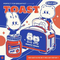 an advertisement for toast with two teddy bears on the toaster and jam in front