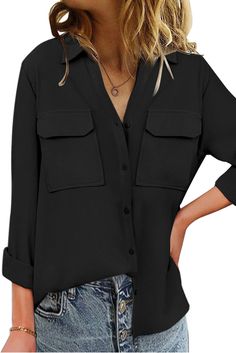 Black Turn-down Collar Pocketed Button Shirt Classic Blouse, Get Ready For Fall, Classic Blouses, Loose Fit Shirts, Ready For Fall, Button Up Long Sleeve, Fall Weather, Plain Shirts, Button Shirt