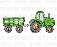 a drawing of a green tractor pulling a trailer