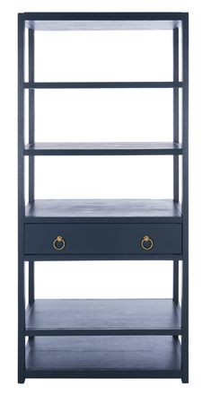 This Johni Etagere beautifully revitalizes classic campaign style for today’s contemporary cool interiors. Crafted of acacia wood in a bold navy finish, Johni boasts five shelves for ample display, while its one drawer allows for discreet storage. Two gold pulls give a touch of glamour to the timeless silhouette. Safavieh Johni Navy Wood 5-Shelf Bookcase (32-in W x 70-in H x 18-in D) Rubber in Blue | ETG9200A Navy Bookcase, Blue Bookshelves, Blue Bookcase, French Country Blue, Tall Bookcase, Safavieh Furniture, White Bookshelves, 5 Shelf Bookcase, Tall Bookcases