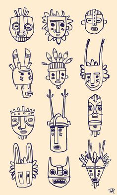 six masks drawn in blue ink on a beige background