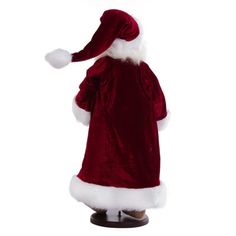 19" deck the hall's collection Santa doll with stand. This Santa doll features a realistic resin face with glass eyes. This Santa features real touch eyebrows, eyelashes, mustache, and beard. This doll's wardrobe has green velvet trousers detailed with red stripes, a candy button top, a long red velvet coat lined with white lace, and faux fur trim. The shoes feature brown velvet fabric and a faux fur top. The hat features a red velvet base accented with faux fur. This Santa measures 19 inches fr Resin Face, Candy Buttons, Eyebrows Eyelashes, Faux Fur Top, Fur Top, Trousers Details, Santa Doll, Christmas Tabletop, Tabletop Christmas Tree