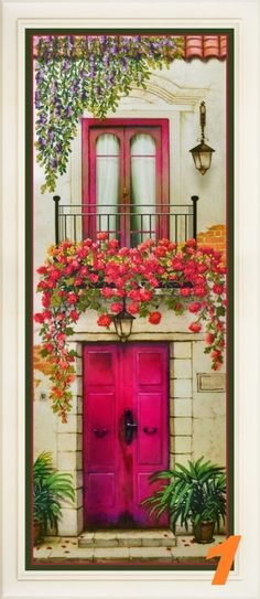 a painting of a pink door and balcony with potted plants on the outside wall