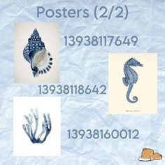 some seahorses are shown in blue and white colors with numbers below them that read posters 2 / 2