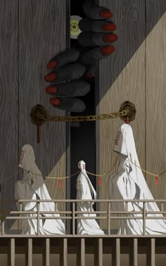 three women dressed in white walking across a bridge with ropes on each side and an object hanging from the ceiling above them