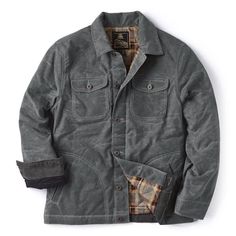 A burly, heavyweight work jacket that’s quilted and flannel-lined for warmth and comfort Winter Cotton Shacket With Fleece Lining, Cotton Outerwear With Patch Pockets For Cold Weather, Winter Cotton Outerwear, Unstructured Winter Shacket With Patch Pockets, Unstructured Cotton Outerwear For Winter, Unstructured Utility Outerwear For Winter, Rugged Long Sleeve Utility Jacket For Hunting, Rugged Outdoor Shacket With Pockets, Winter Utility Shacket With Snap Buttons