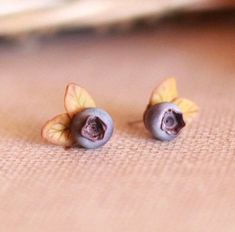 two tiny blueberries with yellow leaves on them sitting on a brown tablecloth covered surface