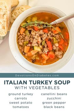 a bowl of italian turkey soup with vegetables