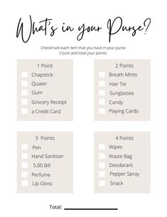 what's in your purse? checklist with text overlaying the image