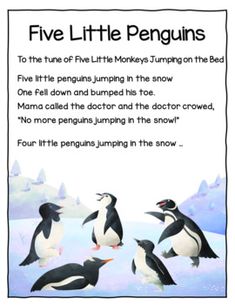 five little penguins jumping on the snow with an information card in front of them that says, five little monkeys jumping on the snow