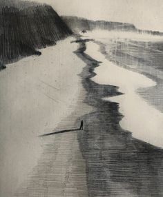 black and white drawing of a person walking on the beach with waves in the water