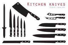 a set of kitchen knives on a white background with the words kitchen knives below it