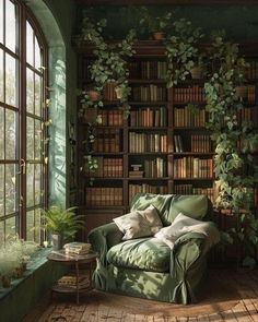 a living room filled with lots of green furniture and bookshelves covered in plants