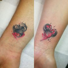 two tattoos on the arms of people with mickey and minnie mouse ears tattooed on them