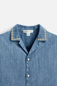 EMBROIDERED DENIM SHIRT - Blue | ZARA India Embroidery Things, Embroidered Denim Shirt, Camp Collar Shirt, Business Clothing, Clothing Business, Waistcoat Dress, Fashion Shirts, Embroidered Denim, Collar Shirt