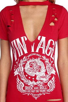 Get vintage with it and slip into this cute piece! The slim fit tunic has a basic crew neck paired with a large V cutout front and short sleeves. The stretchy knit fabric is detailed with light distressing and features a large graphic that has the words "Vintage." "Rock and Roll" and "Live fast die young" mixed with a skull and rose image. Rose Image, Fitted Tunic, Rose Images, Die Young, Vintage Rock, Maxi Dresses Casual, Vintage Look, Vintage Looks, Rock And Roll