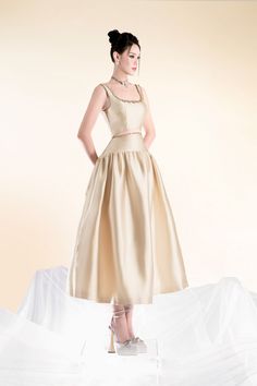 Beige Pleated A-line Midi Dress, A-line Taffeta Midi Dress For Evening, Elegant A-line Taffeta Midi Dress, Luxury Beige Midi Dress With V-neck, Elegant A-line Jacquard Midi Dress, Fashion Show Poster, Calf Length Skirts, Calf Length Dress, Ankle Length Dress