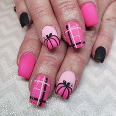 Easy Fall Nail Art Tutorials, Pink And Orange Fall Nails, Pink Flannel Nails, Pink Pumpkin Nails Fall, Hot Pink Fall Nails, Kids Fall Nails Ideas, Purple Pumpkin Nails