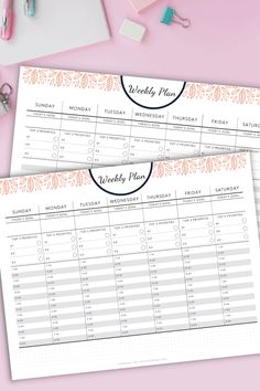 two printable weekly planner sheets on top of a pink desk with office supplies and pens