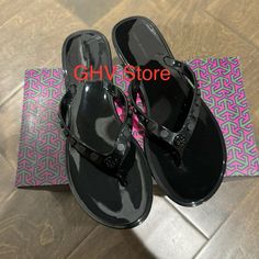 Brand New No Half Size Original Box Designer Black Flip Flops For The Beach, Designer Black Flip Flops For Beach, Designer Black Toe Post Sandals, Designer Black Flip Flops For Summer, Tory Burch Jelly Sandals, Navy Flip Flops, Tory Burch Espadrilles, Tory Burch Flip Flops, White Flip Flops