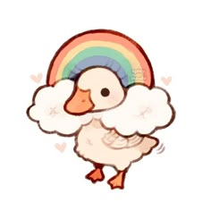 a white duck with a rainbow on its head and clouds in the back ground,