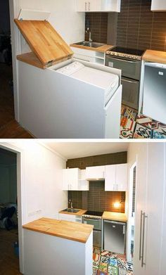 two pictures of the same kitchen in different rooms