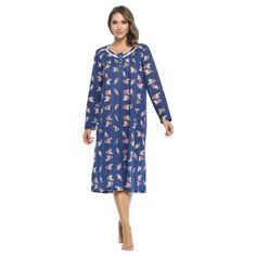 This lightweight and comfortable Long Sleeve Nightgown Sleepdress for ladies from the Casual Nights Loungewear and Sleepwear robes Collection, in beautiful feminine floral & Butterflies print pattern design. this easy to wear Pullover Nightdress is made of 55% Cotton/45% Poly fabric, The sleep dress Features: Long sleeves with ruffled cuffs, fancy lace detail at neck, 2 button closer with satin bow ribbon. Mid calf length approx. 50 Shoulder to hem. This lounge wear muumuu dress has a relaxed co Butterfly Print Pattern, Waltz Dress, Heavy Clothing, Butterflies Pattern, Muumuu Dress, Classic Flower, Hospital Gown, Long Night, Print Design Pattern