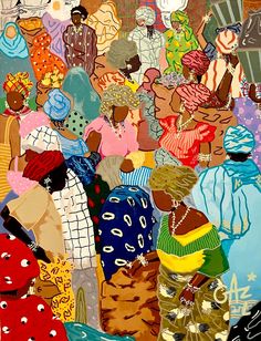 an abstract painting of many people in different colors and sizes, all with hats on their heads