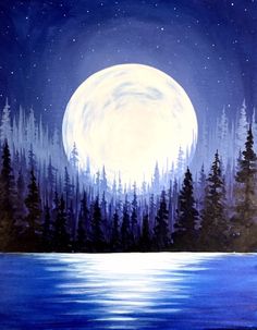 a painting of a full moon over a lake