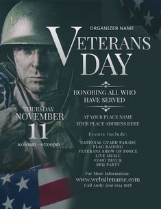 an image of veterans day flyer with soldier and american flag on black background for memorial service