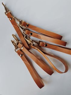 four pairs of leather leashes with gold hardwares on them, lined up against a white background