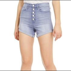 Celebrity Pink Delivers Denim For Warmer Days With These Classic 5-Pocket Shorts, Detailed With Cuffed Legs And A Curvy Fit. Color: Ash Blue Med Approx. Model Height Is 5'10" And She Is Wearing A Size 5 Approx. Inseam: 4" High Rise: Approx. 11"; Leg Opening: 23-1/2" Front 5-Button Closure; Belt Loops Front Whiskering; Cuffed Legs Cotton/Polyester/Rayon/Spandex Machine Washable Trendy Mid-rise Shorts With Button Closure, Trendy Mid-rise Button Closure Shorts, Light Wash Mid-rise Shorts With Button Closure, Mid-rise Light Wash Shorts With Button Closure, Light Wash Mid-rise Button Closure Shorts, Light Wash Shorts With Button Closure, Short Celebrities, Pocket Shorts, Celebrity Pink