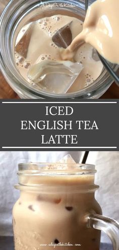 iced english tea latte in a mason jar with ice and milk being poured into it