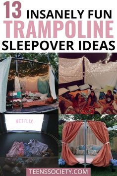 13 insanely fun trampoline sleepover ideas Sleepover Ideas Trampoline, Slumber Party Fort, Aesthetic Trampoline, Trampoline Sleepover Ideas, Trampoline Sleepovers, Backyard Camping Sleepover, Sleepover Forts, Aesthetic Sleepover, Trampoline Sleepover