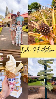 a collage of photos with the words dole plantation and pictures of people holding ice cream cones