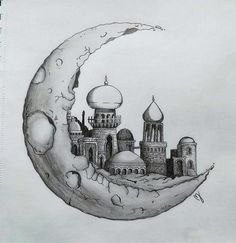 a drawing of a moon with buildings on it