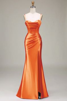 Fire Inspired Prom Dress, Neon Prom Dresses Bright Colors, Dark Orange Prom Dress, Bright Orange Prom Dress, Prom Dress Orange, Orange Party Dress, Prom Dress With Corset, Orange Satin Dress, Orange Prom Dress