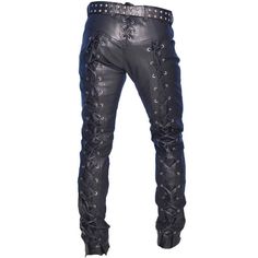 Men's Real Leather Bikers Pants Front and Back Laces Up Bikers Pants Trousers100% Genuine - High Quality - Fast ShippingGenuine BLACK Cow Leather Side and Front Laces Up Bikers Pants Trousers Style JeansOn repeated requests from our customers, we are proud to present these Side and Front Laces Up Bikers Pants Trousers style pure Premium Quality Cow Leather Jeans in BLACK.Made from Real Cowhide leather, these jeans are totally breathable!! FEATURES:Full-Size Belt Loops2 Rear Patch Pockets2 Side & 1 Coin PocketsCut of an original 501 pair of jeansChoice of Original YKK Zip Or Button FlyChoice of Waist & Leg sizes10"-10.5" (25-26cm) Rise8" (20.5cm) Bottom HemThese jeans will look stunning no matter what you wear them with!Whether it's a casual night out or a leather theme party. these jeans w Biker Pants With Belt Loops And Straight Leg, Fitted Biker Bottoms With Straight Leg, Biker Pants With Belt Loops And Standard Cut Leg, Biker Pants With Pockets Full Length, Biker Style Full Length Pants With Pockets, Fitted Biker Bottoms With Pockets, Fitted Full Length Biker Bottoms, Mens Leather Shirt, Mens Leather Coats